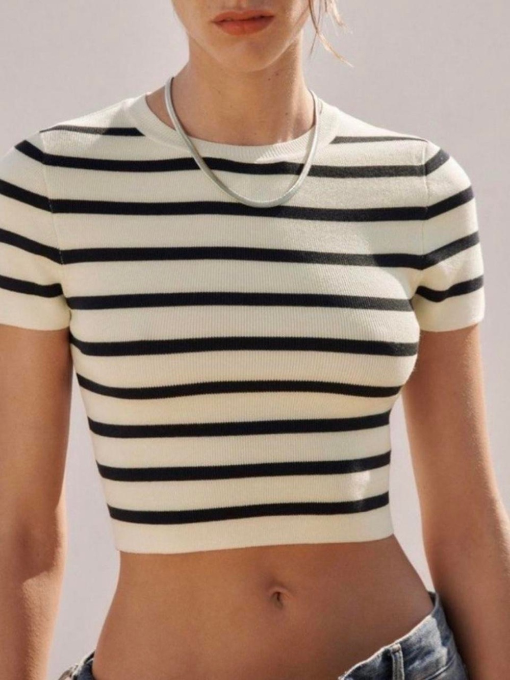 ZARA Striped Short-Sleeve Crop Top - Black & Cream